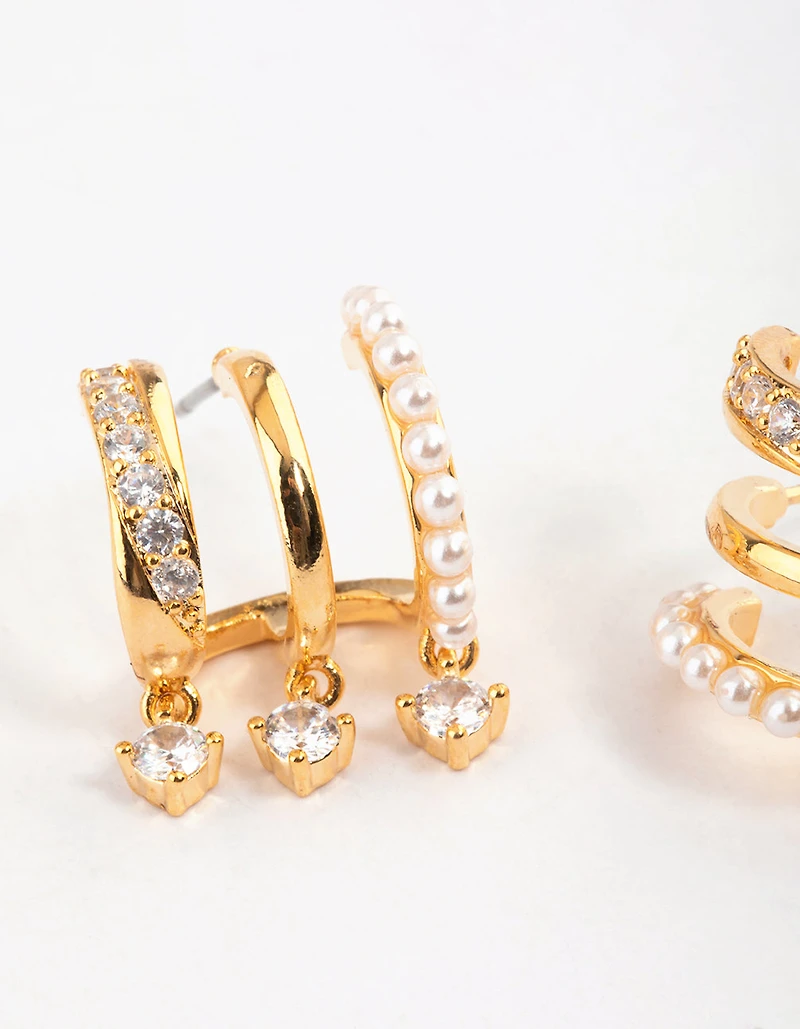 Gold Plated Trio Pearl Diamante Drop Earrings