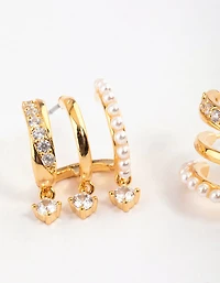 Gold Plated Trio Pearl Diamante Drop Earrings
