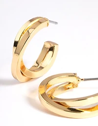 Gold Plated Square Crossover Double Hoop Earrings