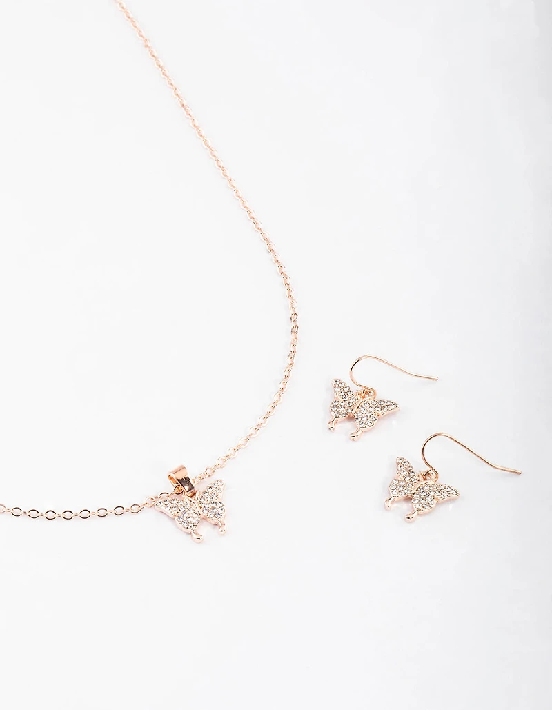 Rose Gold Butterfly Necklace & Drop Earrings Set