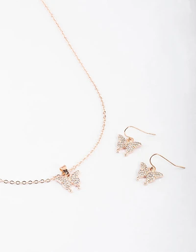 Rose Gold Butterfly Necklace & Drop Earrings Set