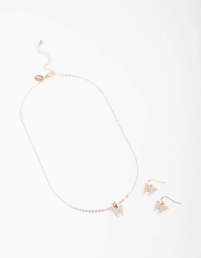 Rose Gold Butterfly Necklace & Drop Earrings Set