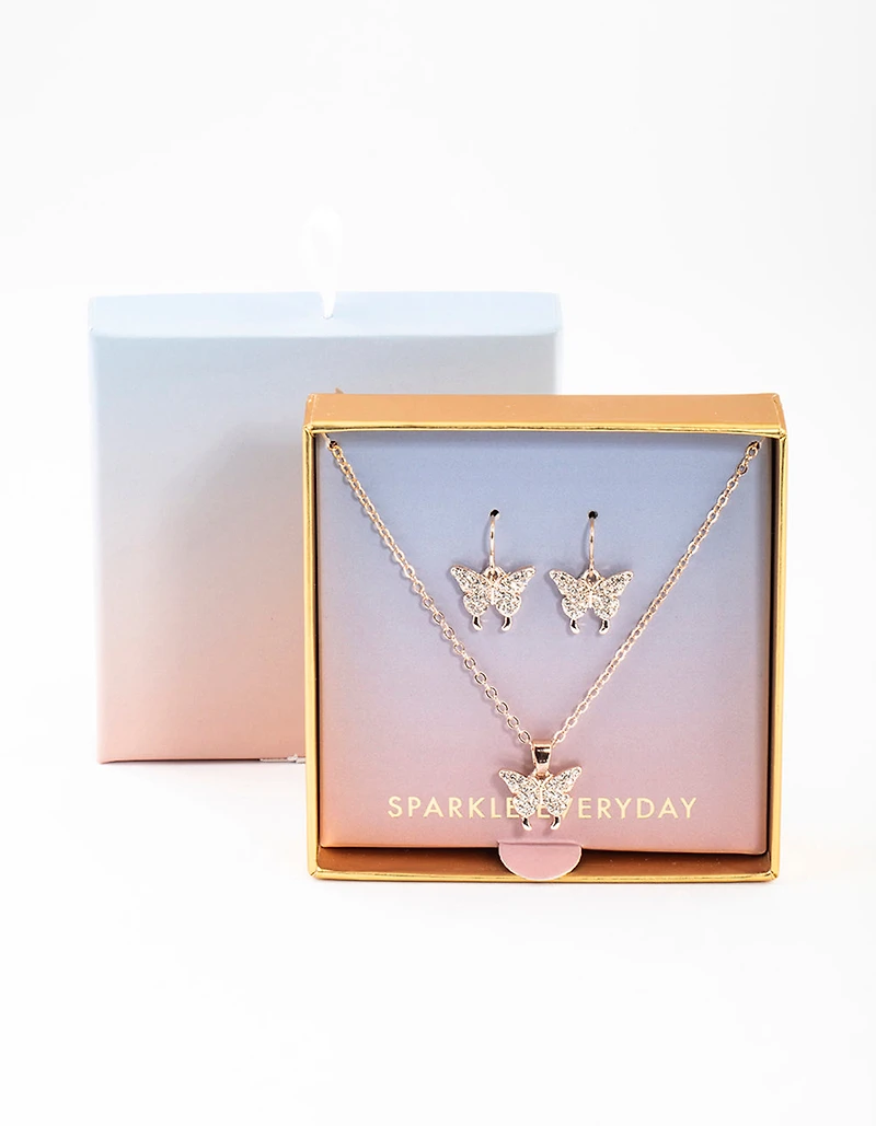 Rose Gold Butterfly Necklace & Drop Earrings Set