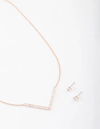 Rose Gold Cubic Zirconia V Necklace & Stud Earrings Set
