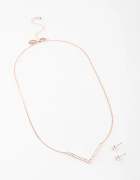 Rose Gold Cubic Zirconia V Necklace & Stud Earrings Set