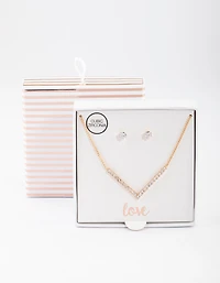 Gold Cubic Zirconia V Necklace & Stud Earrings Set