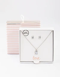 Silver Cubic Zirconia Emerald Cut Necklace & Stud Earrings Set