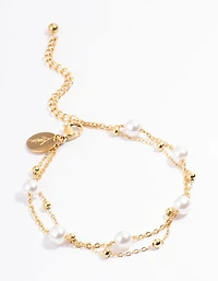 Waterproof Gold Plated Stainless Steel Double Layer Pearl Ball Bracelet