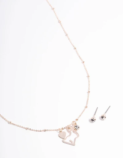 Rose Gold Bunny Diamante Necklace & Stud Earrings