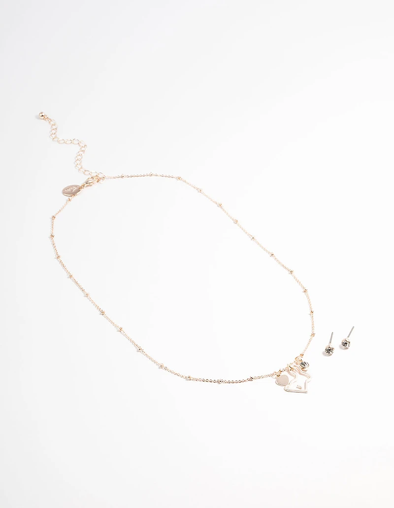 Rose Gold Bunny Diamante Necklace & Stud Earrings