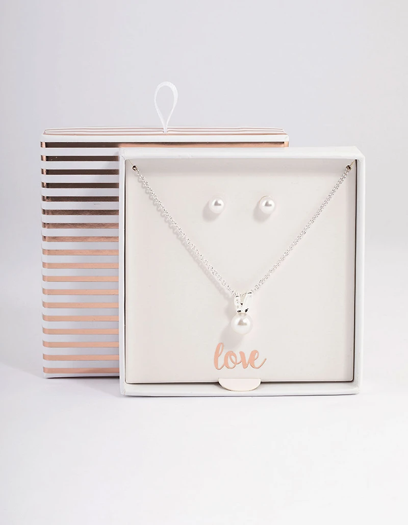 Silver Pearl Bunny Necklace & Stud Earrings