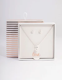 Silver Pearl Bunny Necklace & Stud Earrings