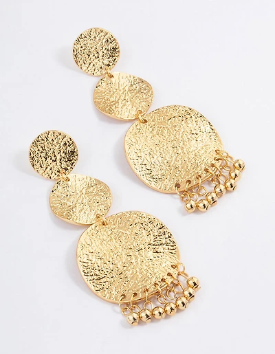 Gold Plated Brass Hammered Trio Drop Earrings