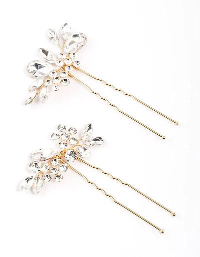 Gold Crystal Leaf Hair Pins Pack