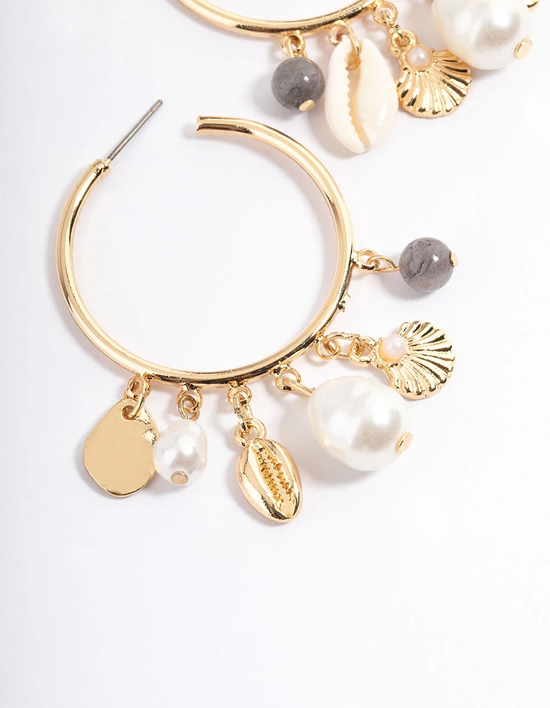 Gold Mixed Motif Pearl Hoop Earrings