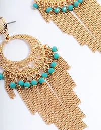 Gold Blue Beaded Tassel Drop Chandbali Earrings