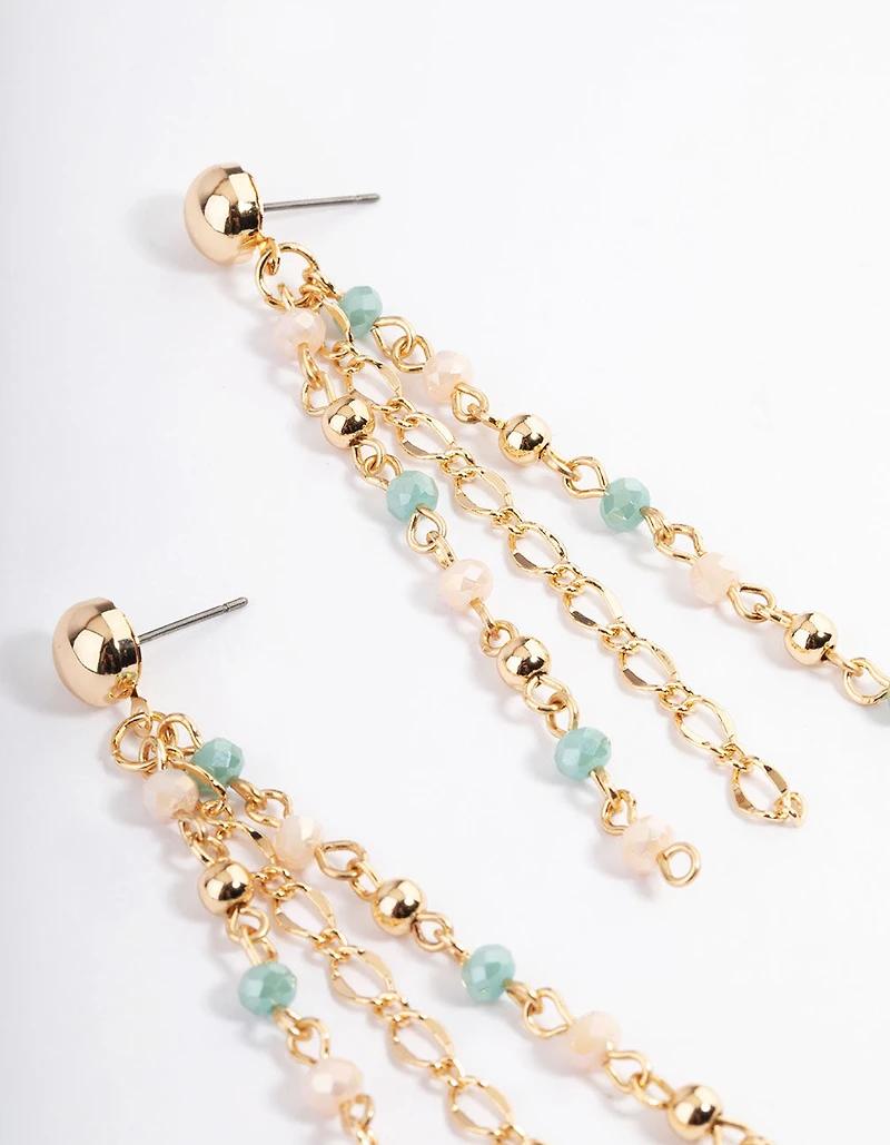 Gold Mixed Three Tassel Bead Drop Earrings