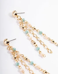 Gold Mixed Three Tassel Bead Drop Earrings