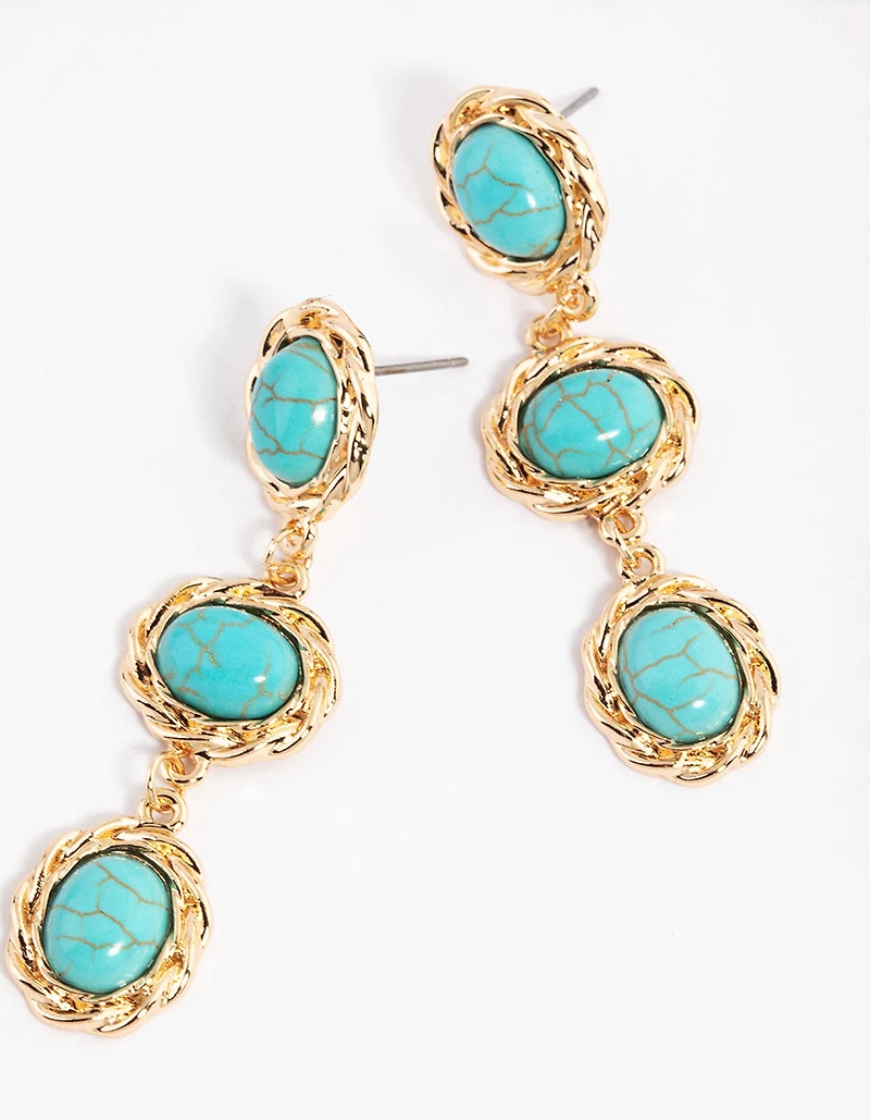 Gold Vintage Three Stone Drop Earrings
