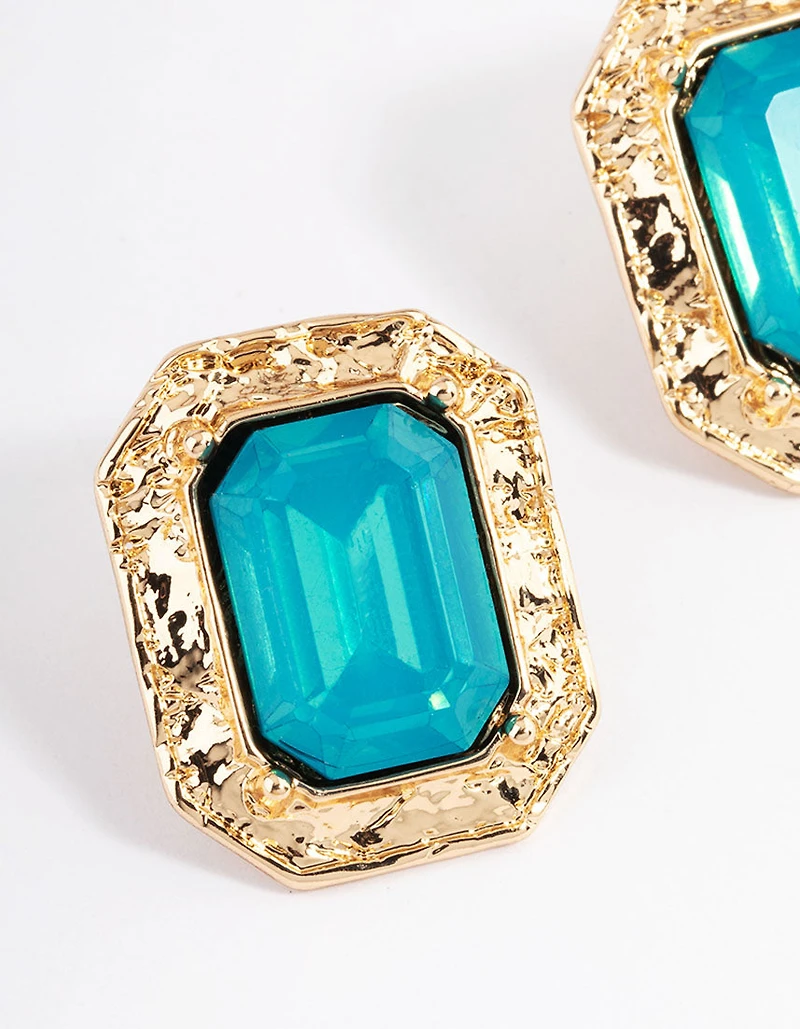 Gold Molten Rectangle Diamante Stud Earrings