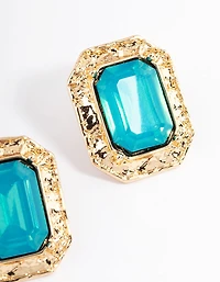 Gold Molten Rectangle Diamante Stud Earrings