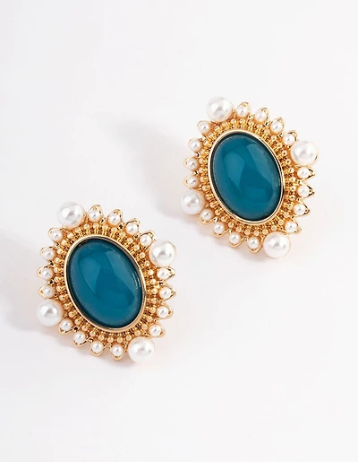 Gold Stone Pearl Stud Earrings