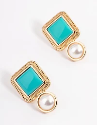 Gold Square Stone Round Pearl Stud Earrings