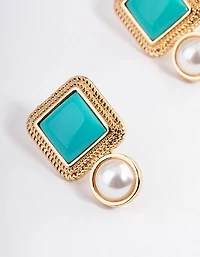 Gold Square Stone Round Pearl Stud Earrings