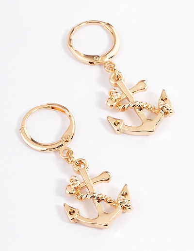 Gold Nautical Anchor Huggie Earrings