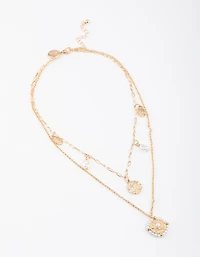 Gold Double Row Pearl Hammered Disc Necklace