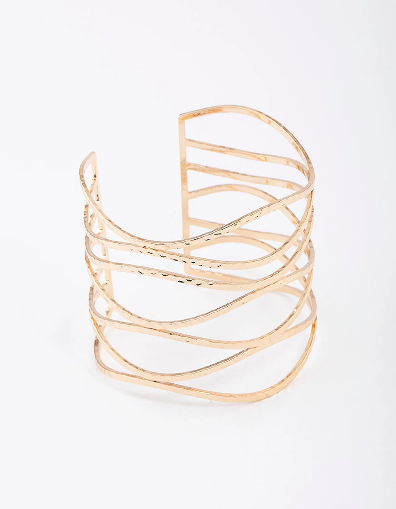 Gold Large Wavy Hammered Cuff Bangle
