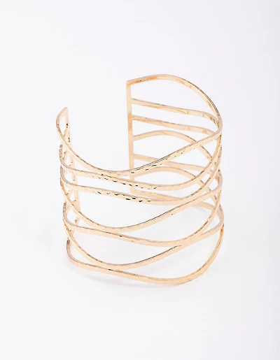 Gold Large Wavy Hammered Cuff Bangle