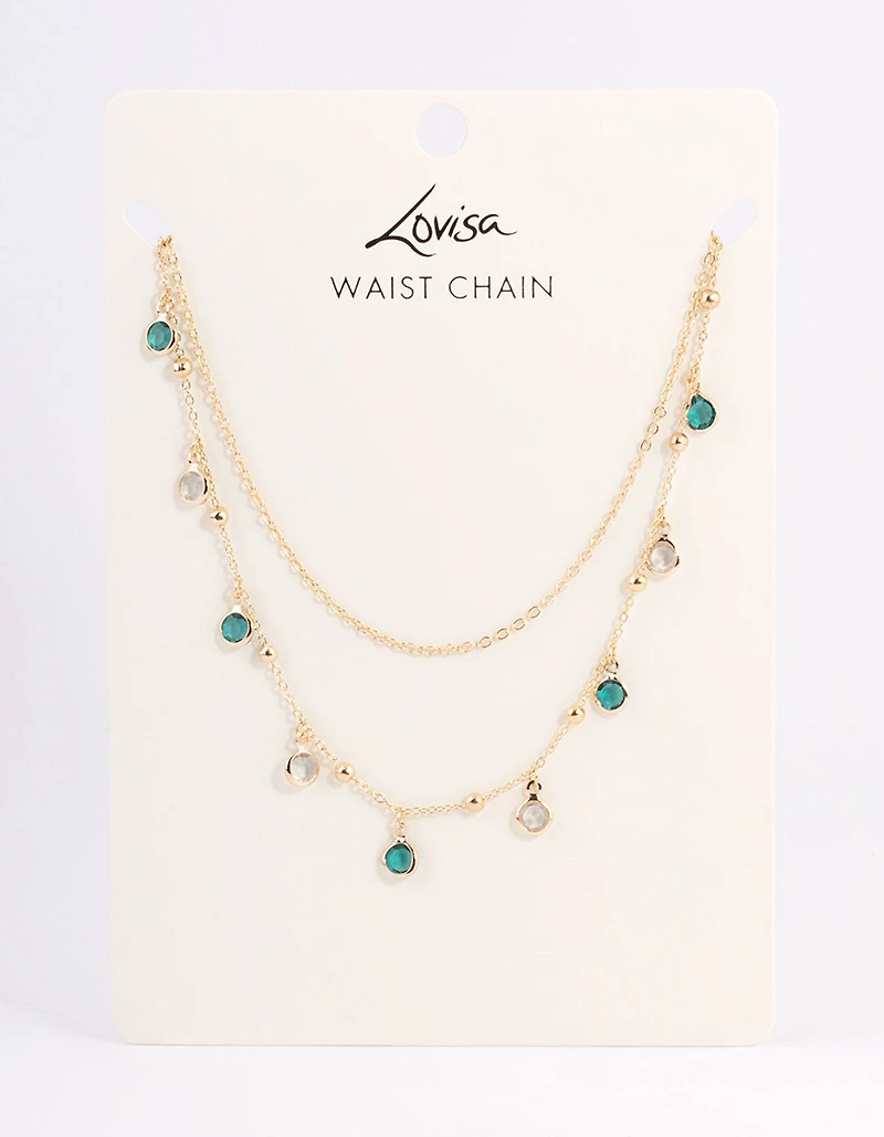 Gold Double Row Mixed Diamante Waistchain
