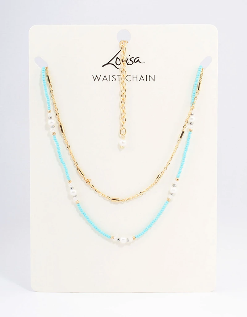 Gold Double Row Mixed Bead & Pearl Waistchain