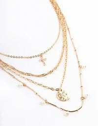 Gold Freshwater Pearl Layered Cross Necklace