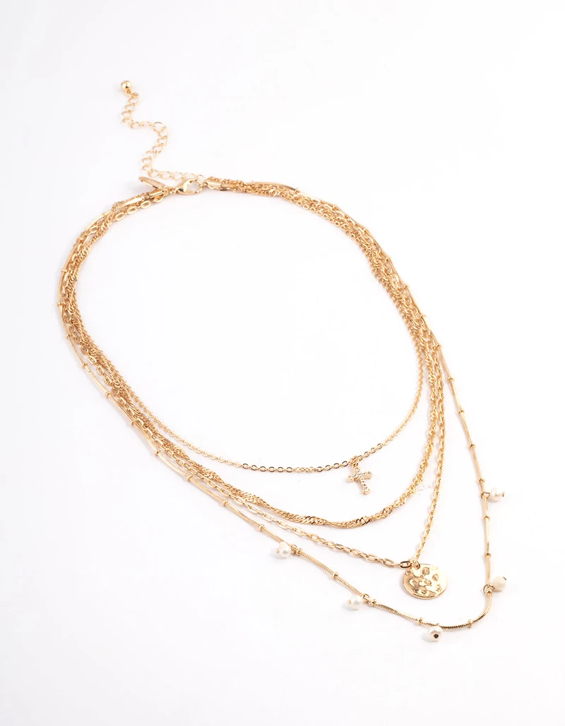 Gold Freshwater Pearl Layered Cross Necklace