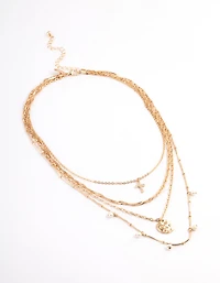 Gold Freshwater Pearl Layered Cross Necklace