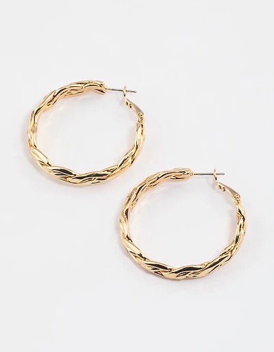Gold Plated Brass Molten Plait Hoop Earrings