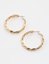 Gold Plated Brass Molten Plait Hoop Earrings