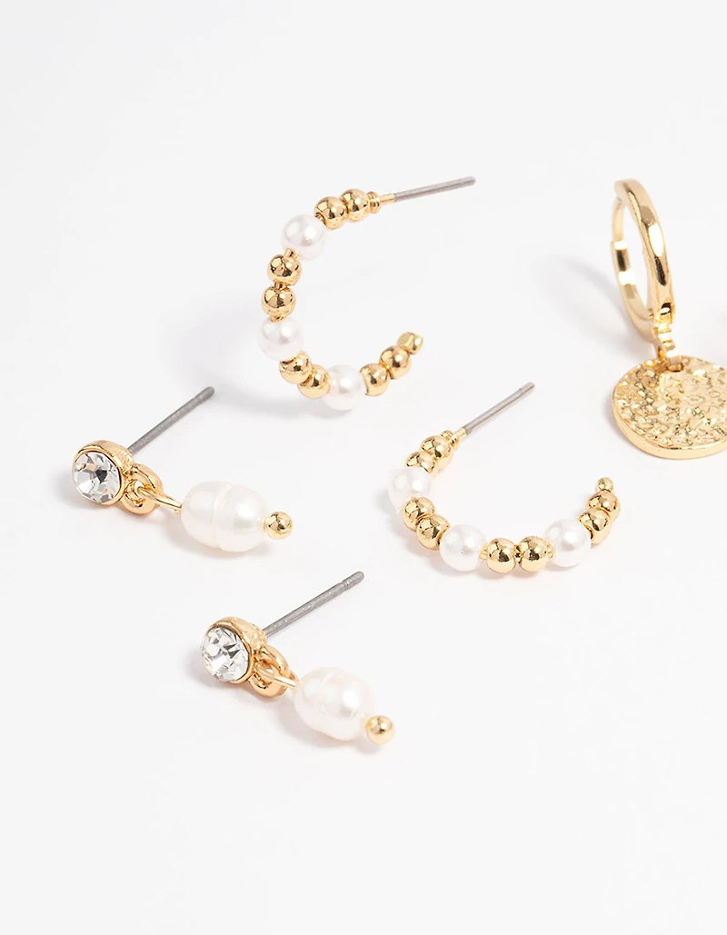 Gold Plated Hammered Diamante & Freshwater Pearl Earring 4-Pack
