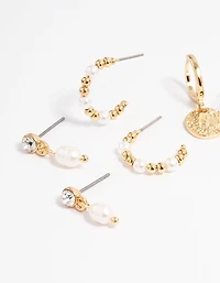 Gold Plated Hammered Diamante & Freshwater Pearl Earring 4-Pack