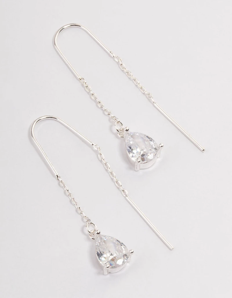 Silver Plated Cubic Zirconia Teardrop Threader Earrings