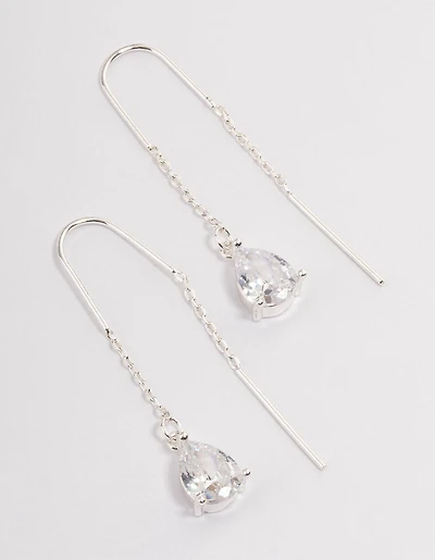 Silver Plated Cubic Zirconia Teardrop Threader Earrings