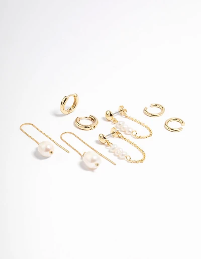 Gold Plated Freshwater Pearl Threader Huggie Earrings 4-Pack
