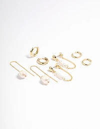 Gold Plated Freshwater Pearl Threader Huggie Earrings 4-Pack