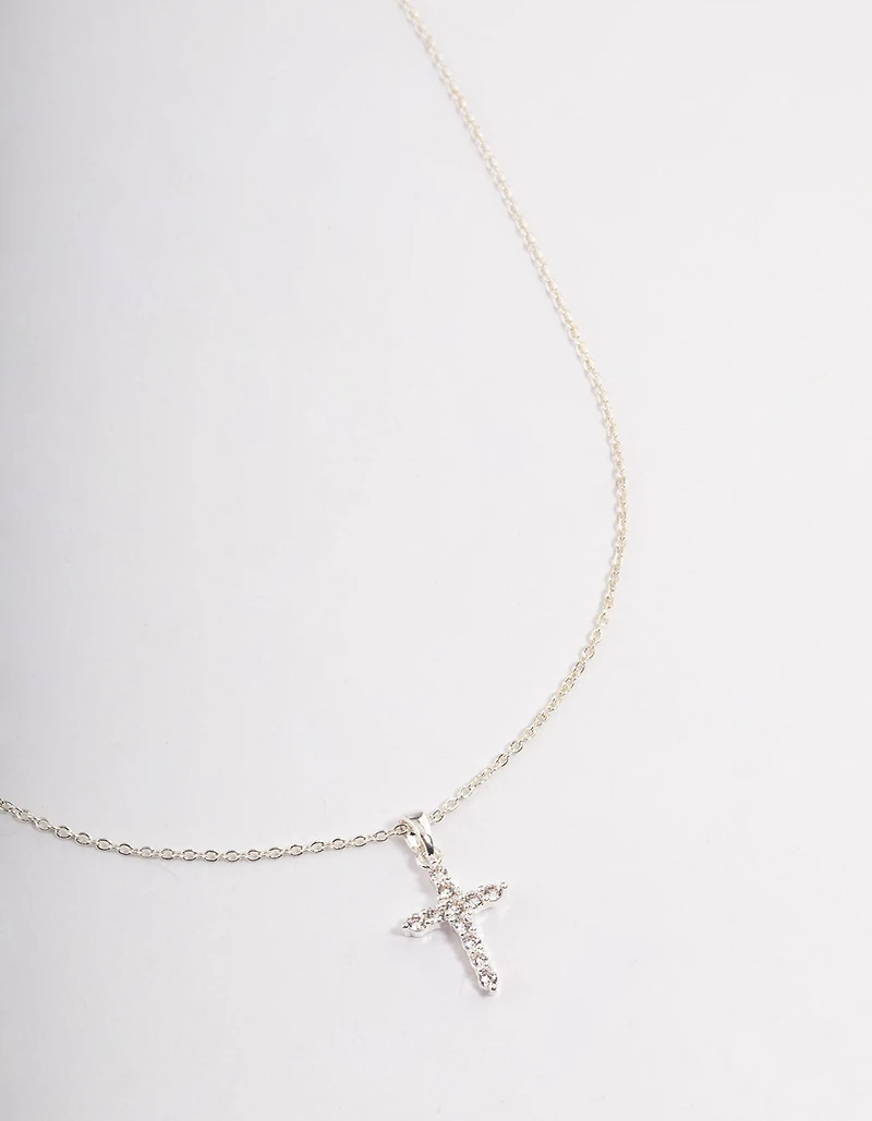 Silver Plated Cubic Zirconia Cross Fine Chain Necklace