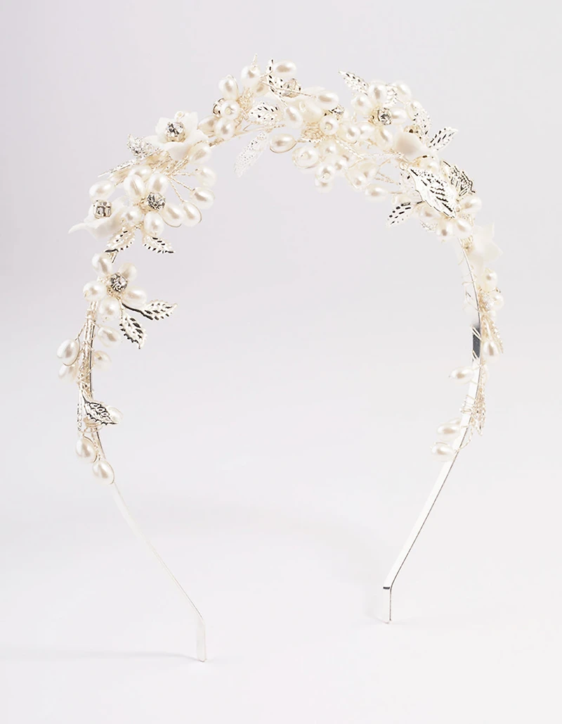 Silver Flower & Leaf Vine Headband