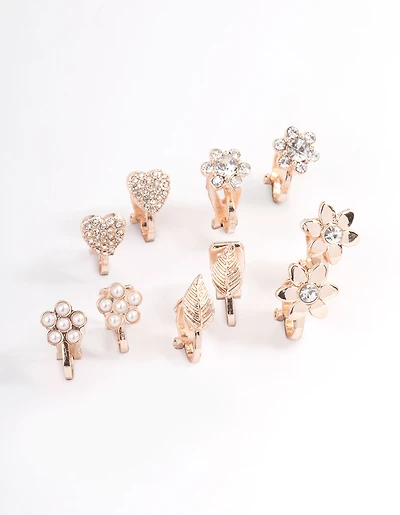 Rose Gold Pave Heart Flower Clip On Earrings 5-Pack