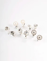 Silver Heart & Flower Clip On Earrings 5-Pack