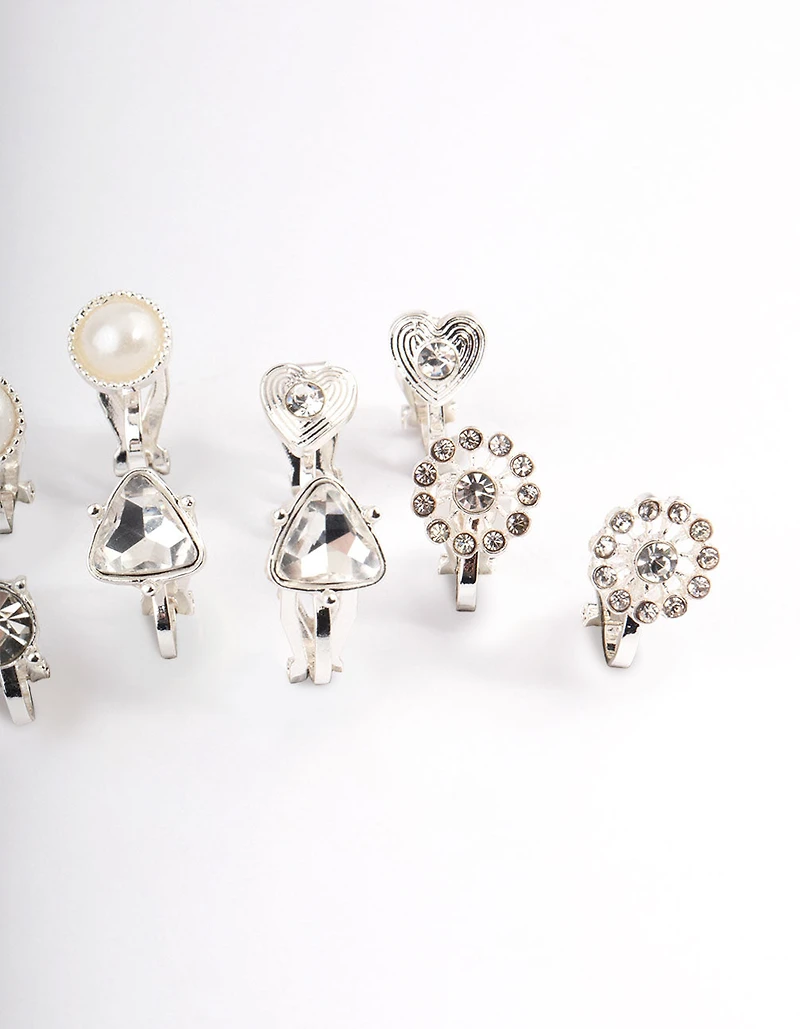 Silver Heart & Flower Clip On Earrings 5-Pack